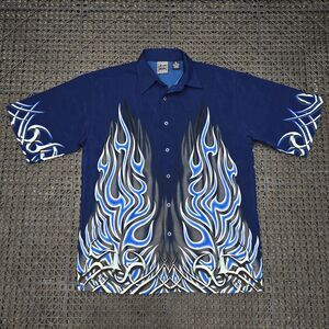 VTG Authentic Shaolin Shirt Youth XL Men's Size M Blue SS Button Up Flames Y2K